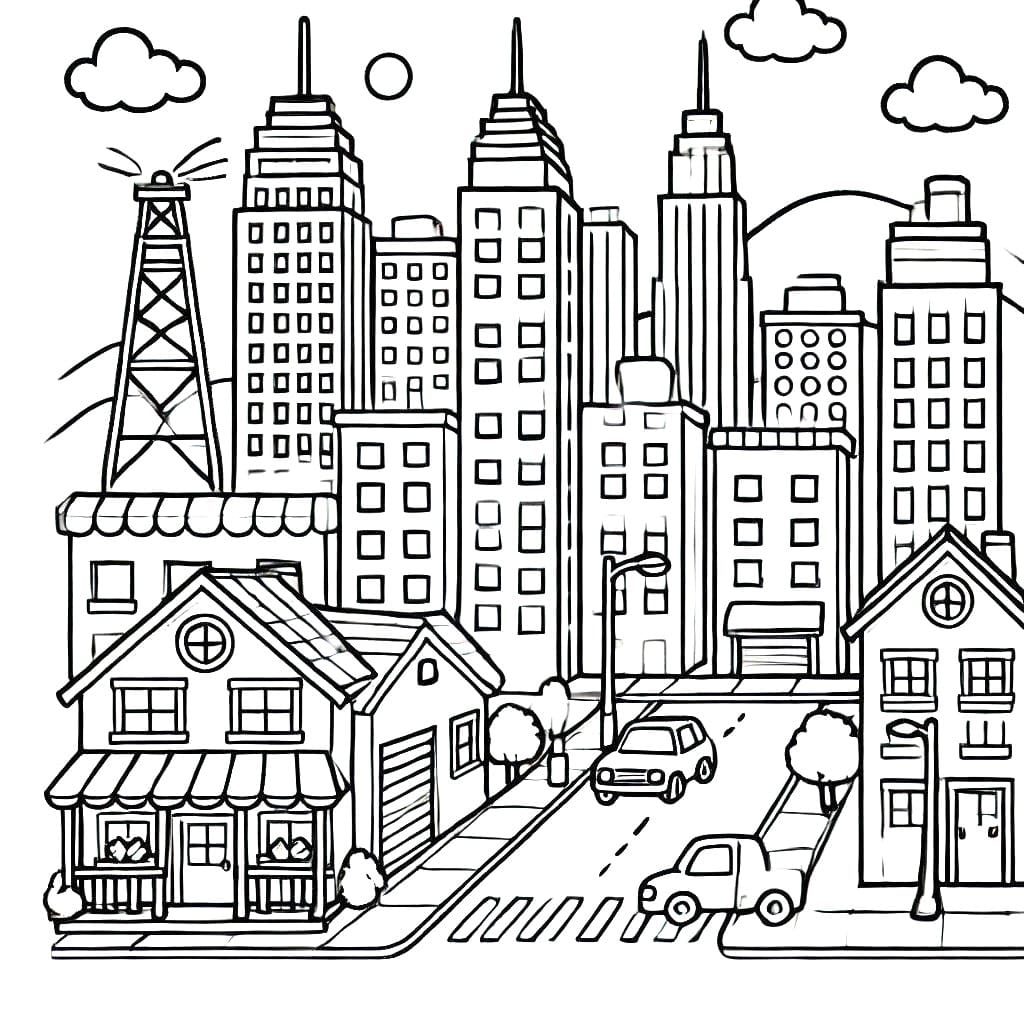 Desenho de Paisagem Urbana Básica para Colorir e Pintar
