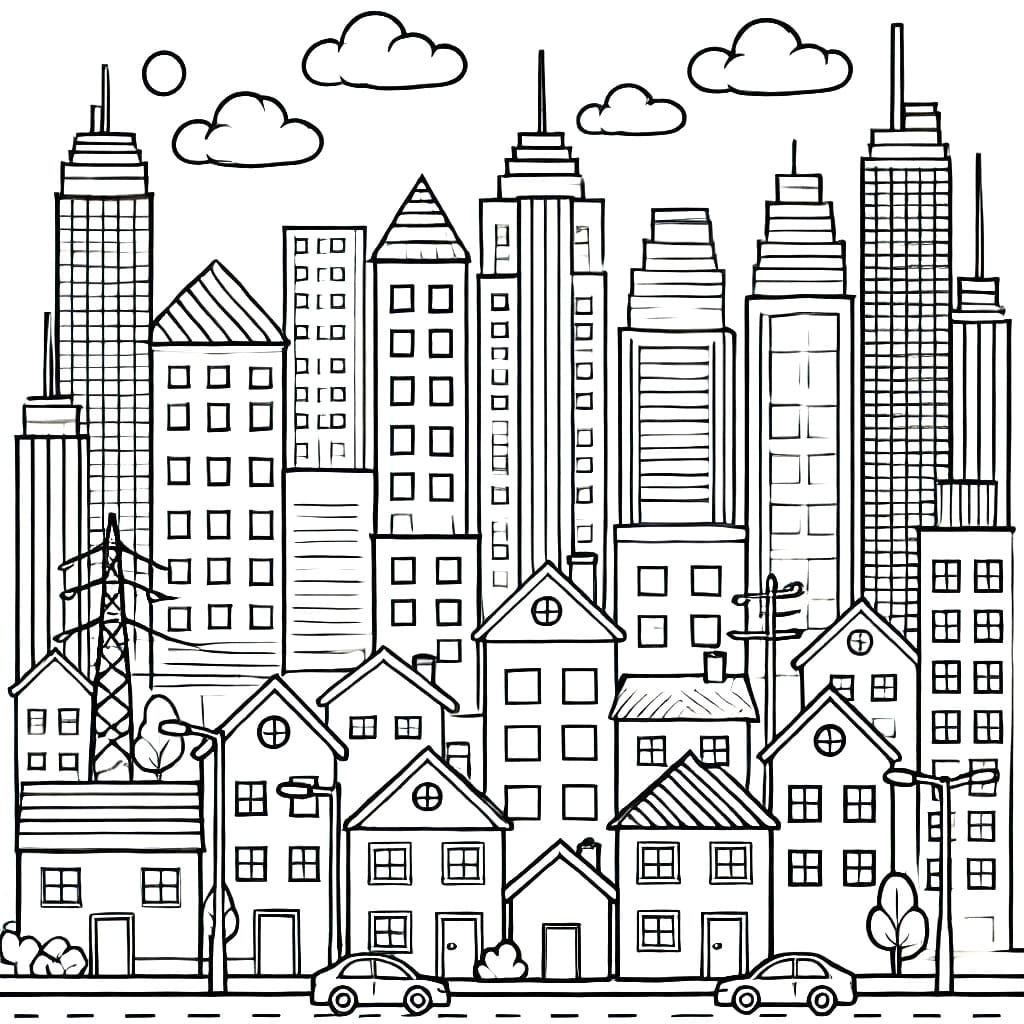 Desenho de Paisagem Urbana Grátis para Crianças para Colorir e Pintar