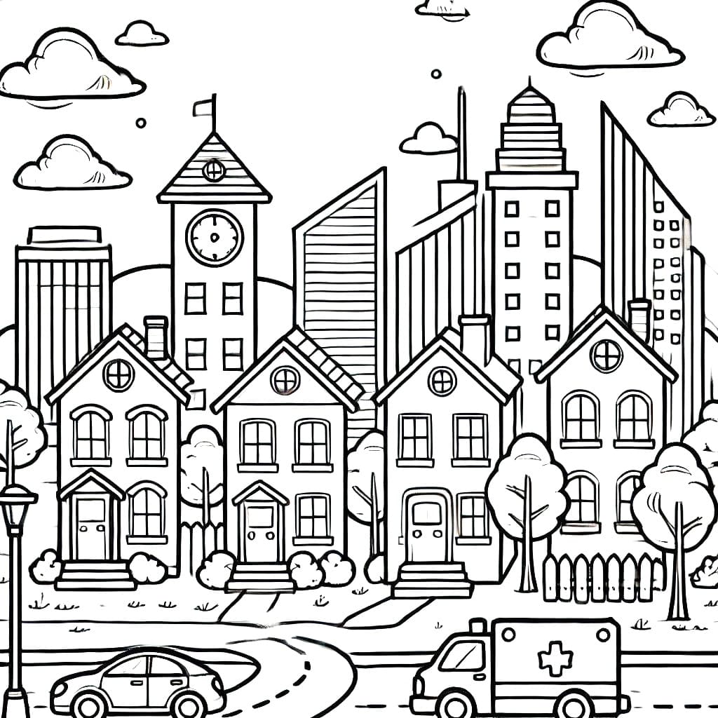 Desenho de Paisagem Urbana Grátis para Colorir e Pintar