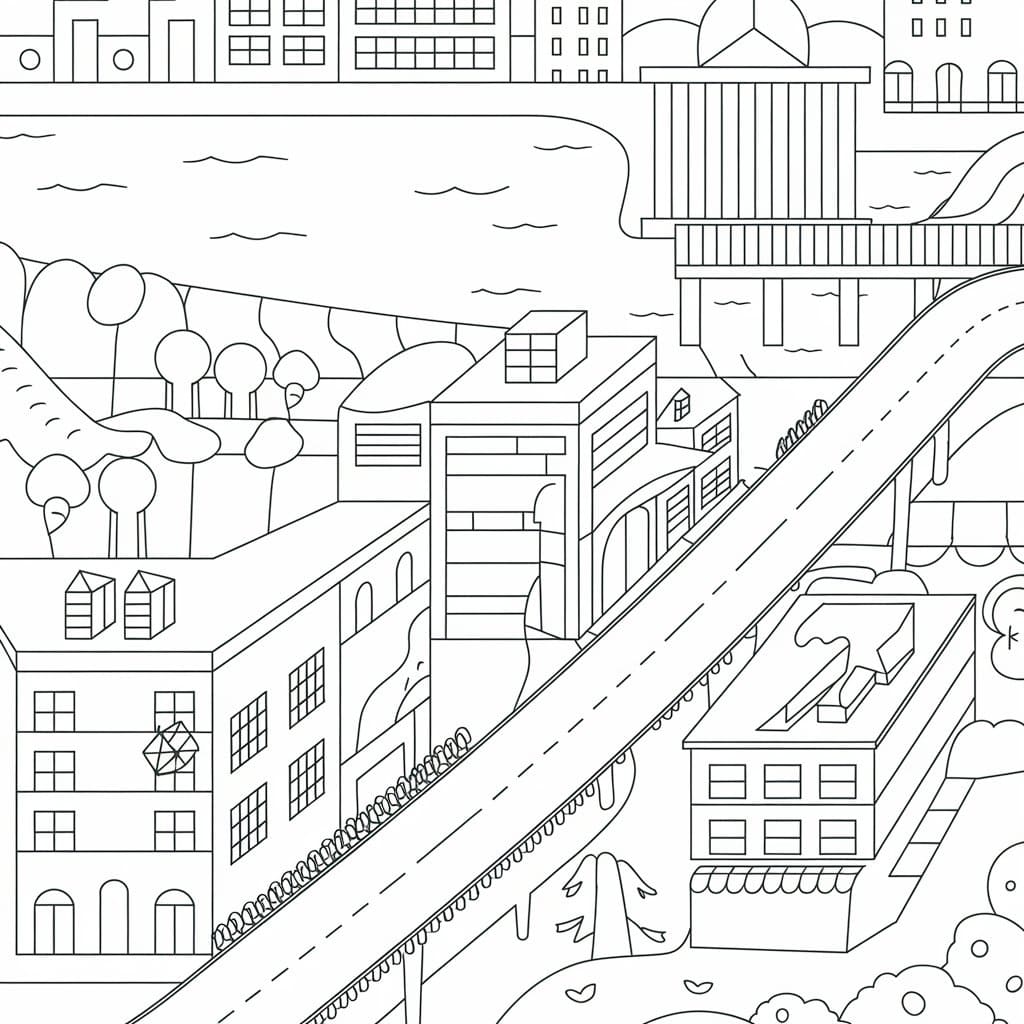 Desenho de Paisagem Urbana Imprimivel Grátis para Crianças para Colorir e Pintar