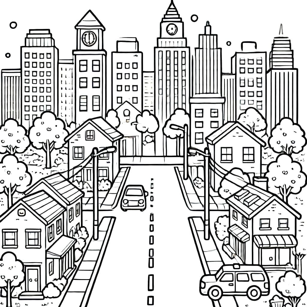 Desenho de Paisagem Urbana Imprimivel Grátis para Colorir e Pintar