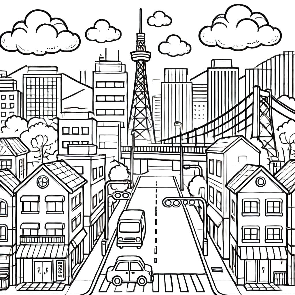Desenho de Paisagem Urbana Imprimivel para Crianças para Colorir e Pintar