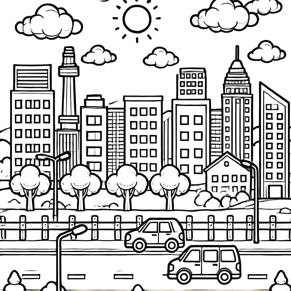 Desenho de Paisagem Urbana Imprimivel para Colorir e Pintar