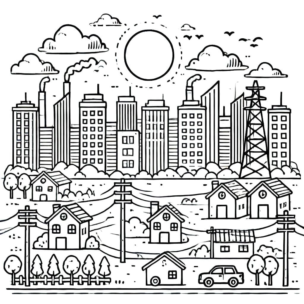 Desenho de Paisagem Urbana para Crianças de 3 Ano para Colorir e Pintar