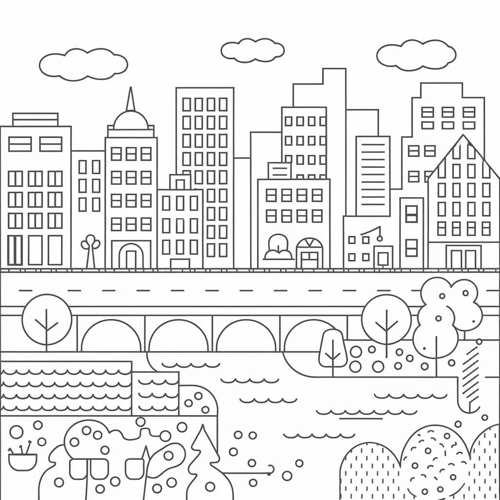Desenho de Paisagem Urbana para Crianças de 6 Ano para Colorir e Pintar