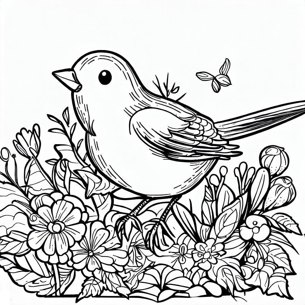 Desenho de Pássaro Bonito no Jardim para Colorir e Pintar