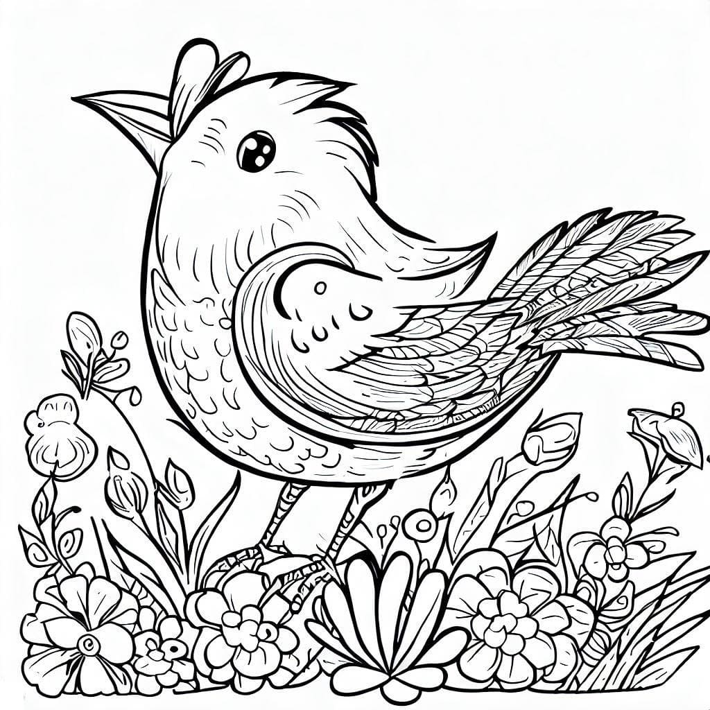 Desenho de Pássaro no Jardim para Colorir e Pintar