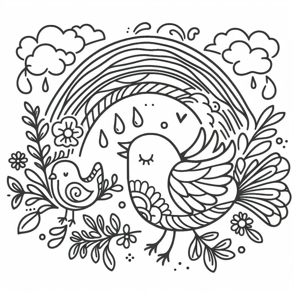 Desenho de Pássaros com Arco Íris para Colorir e Pintar