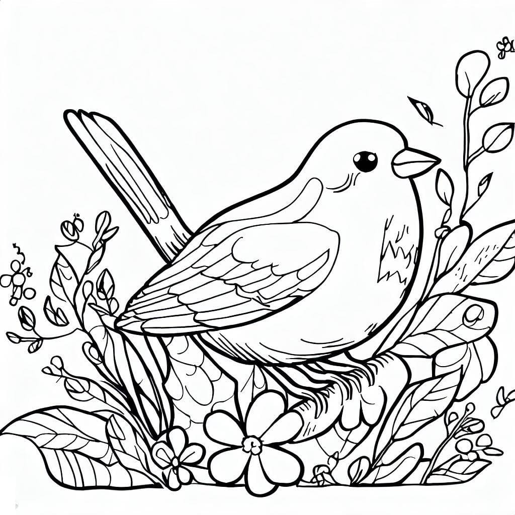 Desenho de um Pássaro Bonito no Jardim para Colorir e Pintar