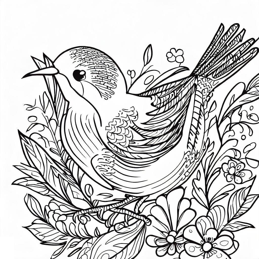 Desenho de um Pássaro no Jardim para Colorir e Pintar