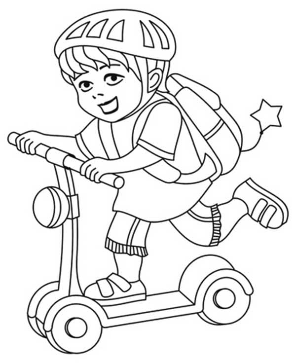Desenho de Menino com Patinete para Colorir e Pintar