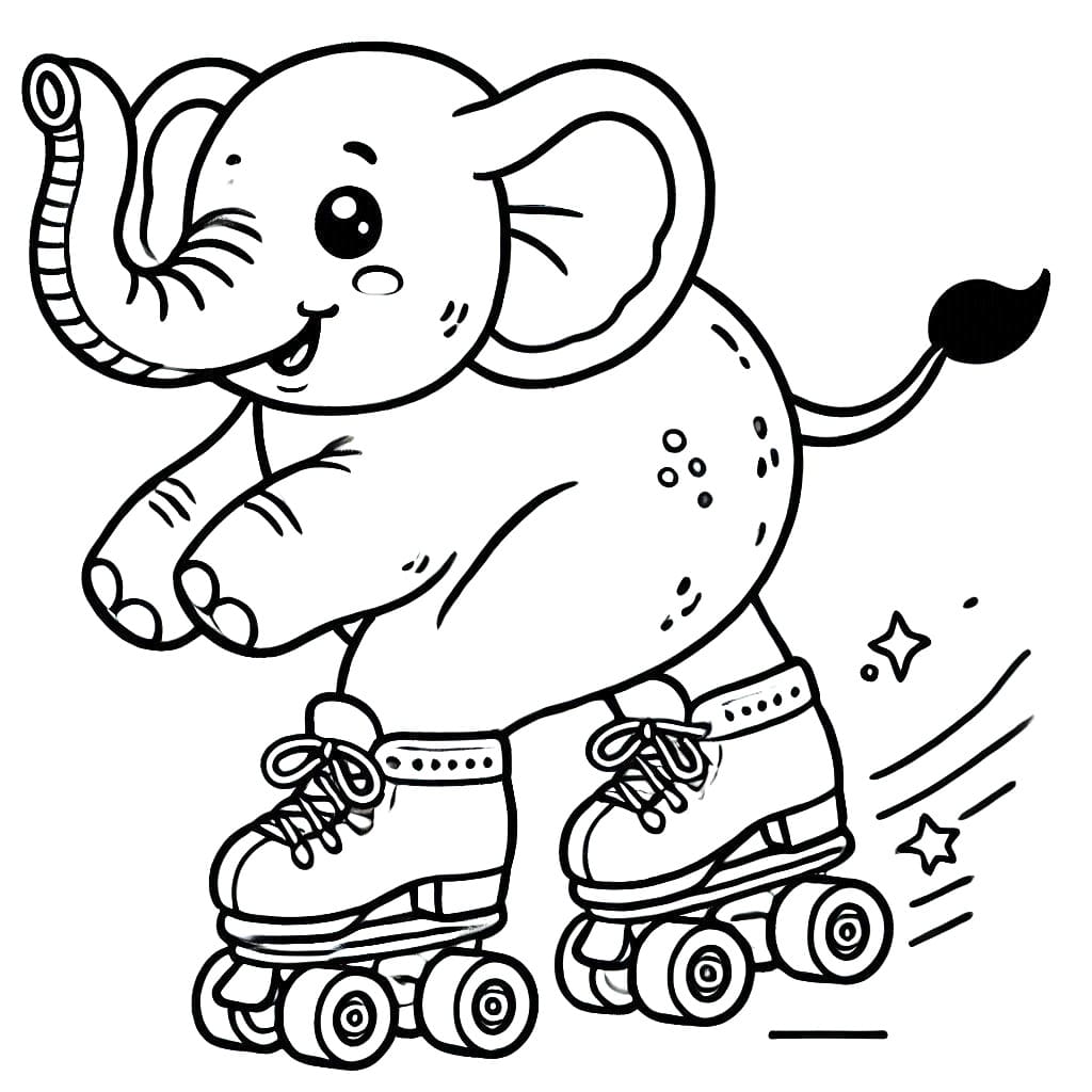 Desenho de Elefante em Patins para Colorir e Pintar