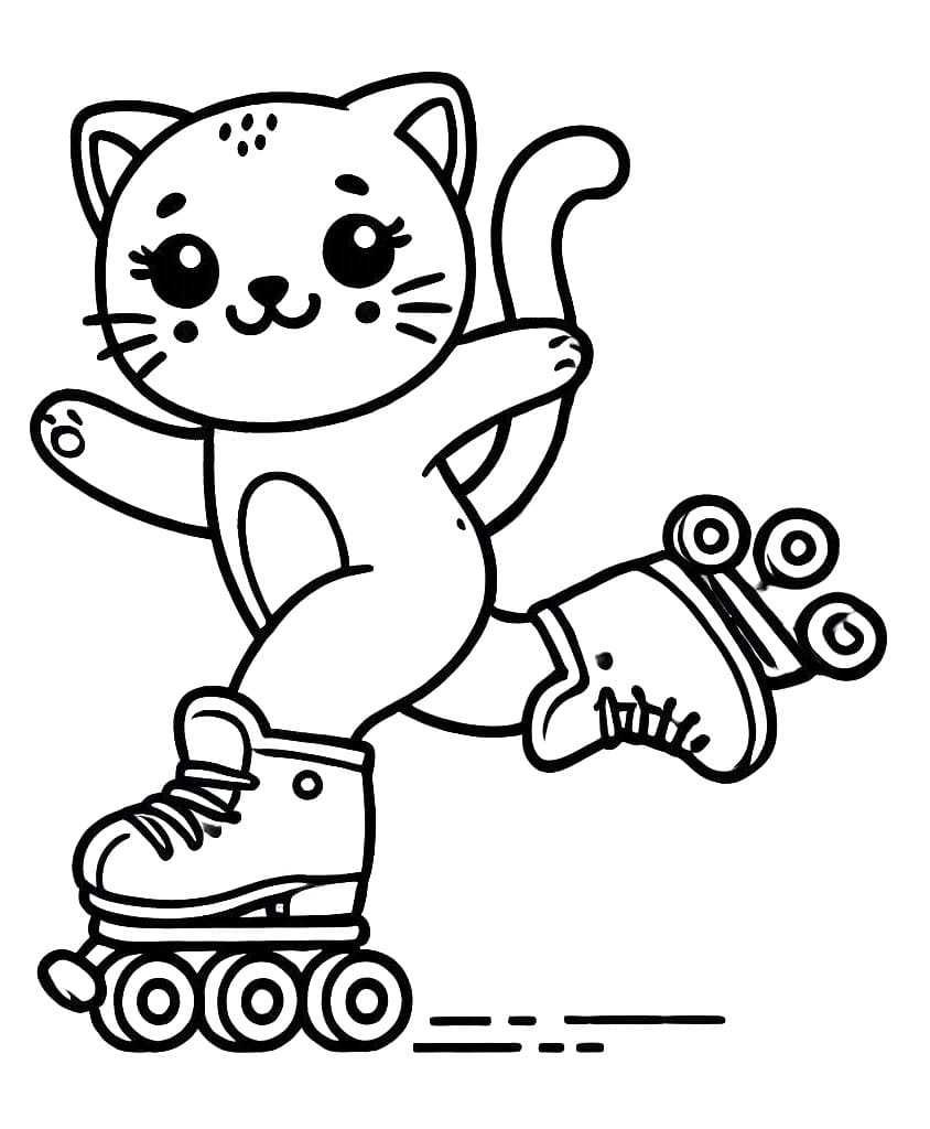 Desenho de Gato em Patins para Colorir e Pintar