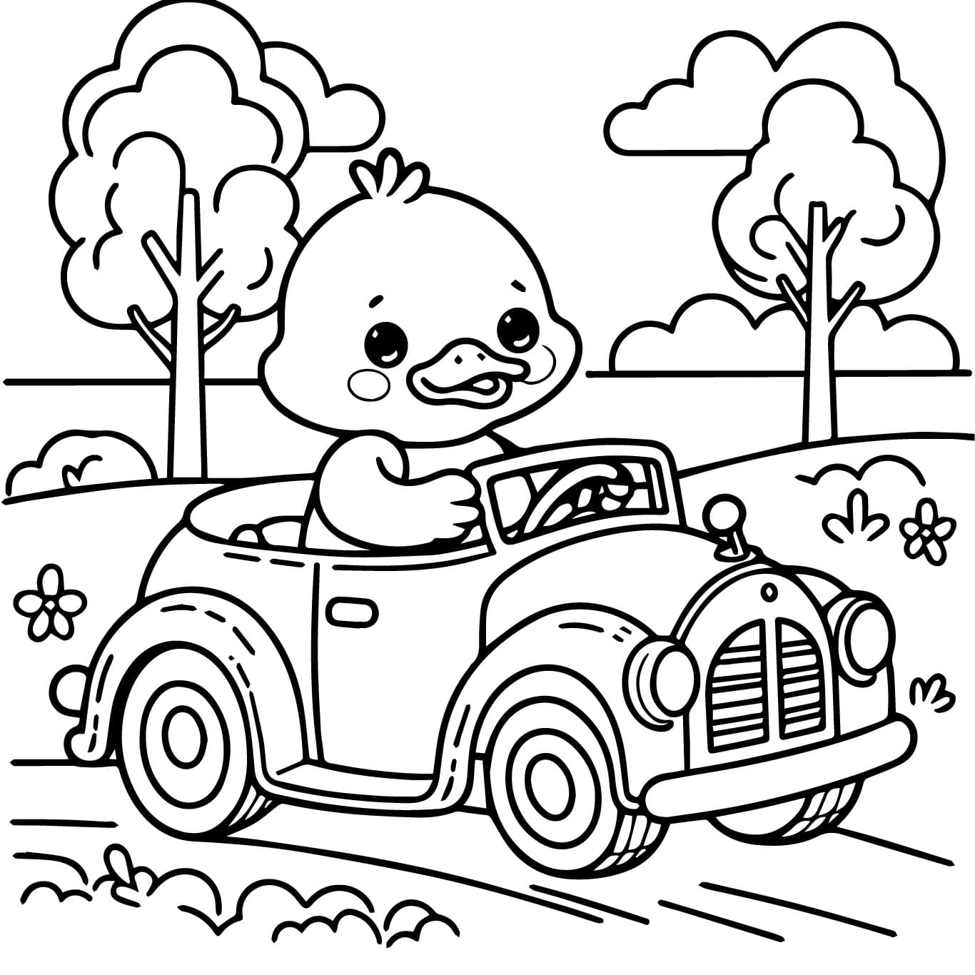 Desenho de Pato Está Dirigindo um Carro para Colorir e Pintar