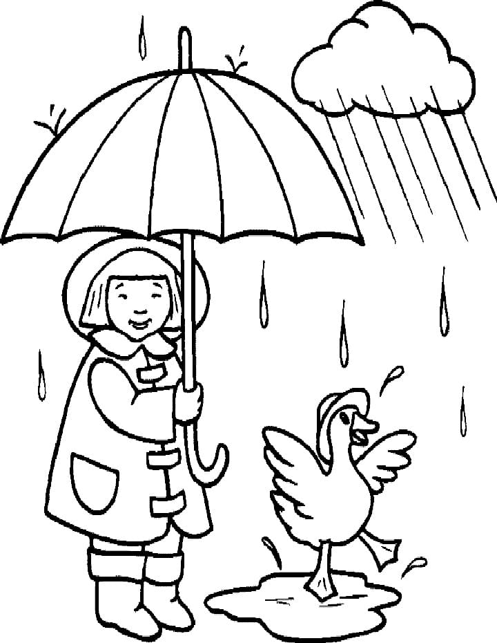 Desenho de Menina e Pato na Chuva para Colorir e Pintar