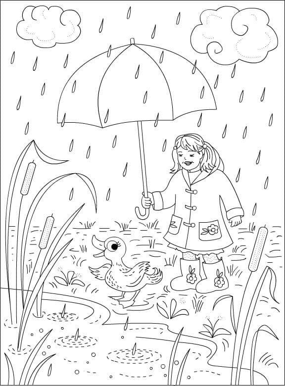 Desenho de Menina e Pato sob a Chuva para Colorir e Pintar