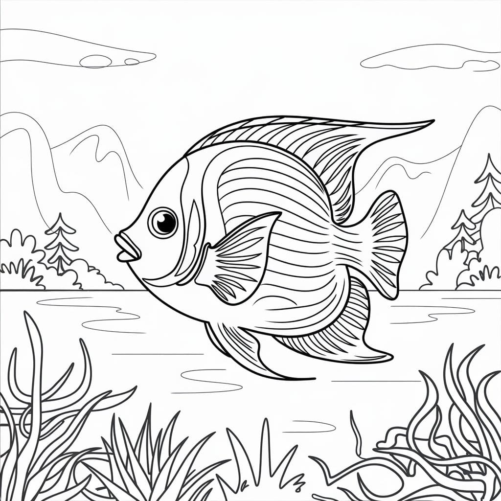 Desenho de Peixe Anjo em Aquário para Colorir e Pintar