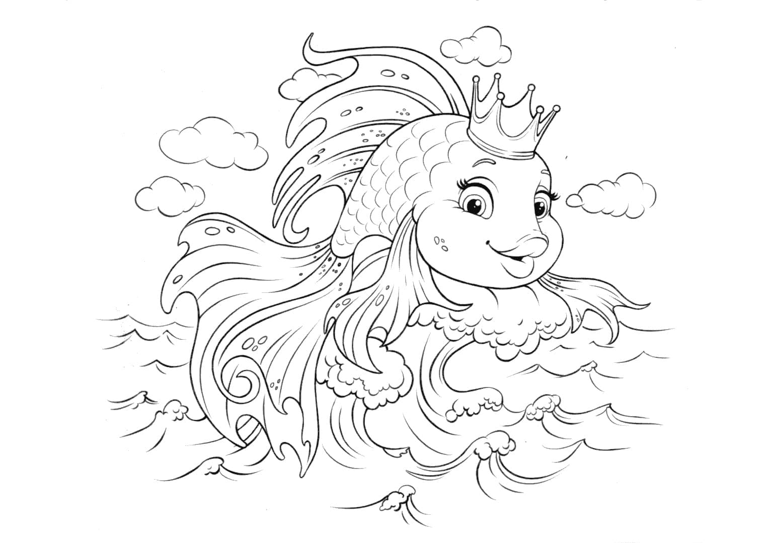 Desenho de Peixinho Dourado com Corôa para Colorir e Pintar