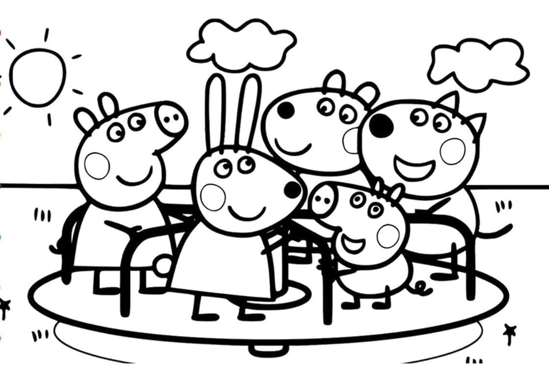 Desenho de Peppa Pig com Amigos para Colorir e Pintar