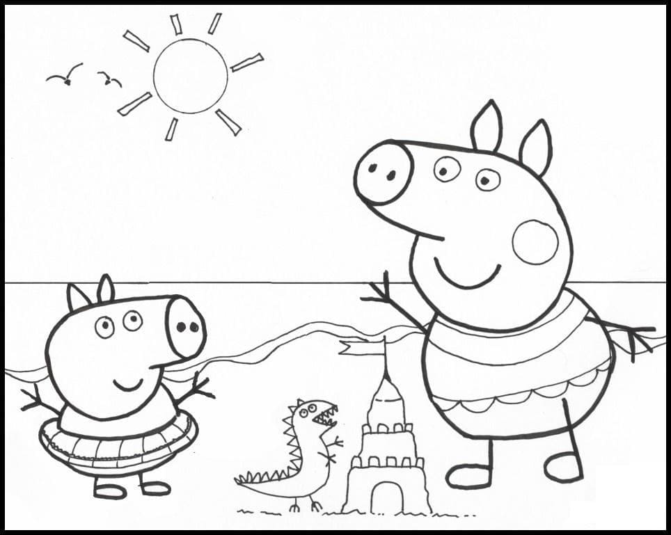 Desenho de Peppa Pig na Praia para Colorir e Pintar