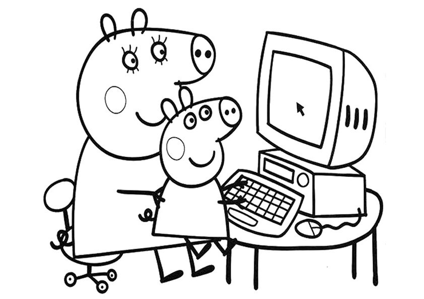 Desenho de Mamãe Pig e Peppa Usando Computador para Colorir e Pintar