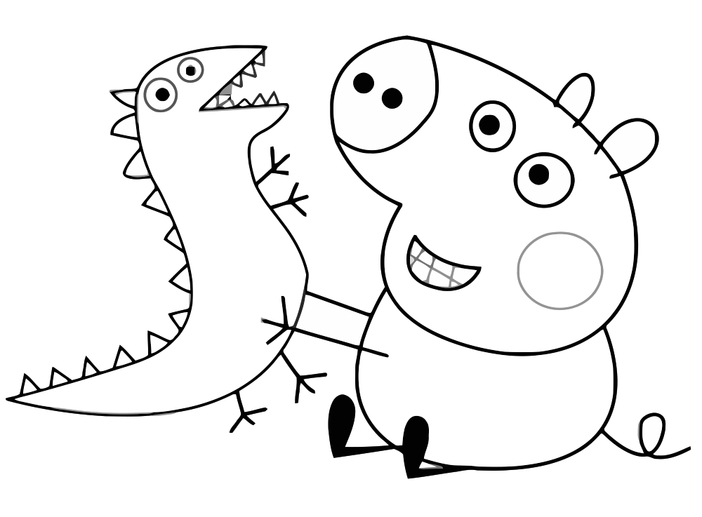 Desenho de Peppa Pig Brincando com Seu Dinossauro de Pelúcia para Colorir e Pintar