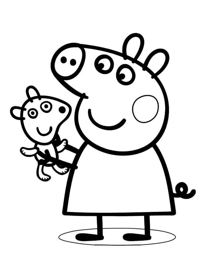 Desenho de Peppa Pig Brincando com Seu Pelúcia para Colorir e Pintar