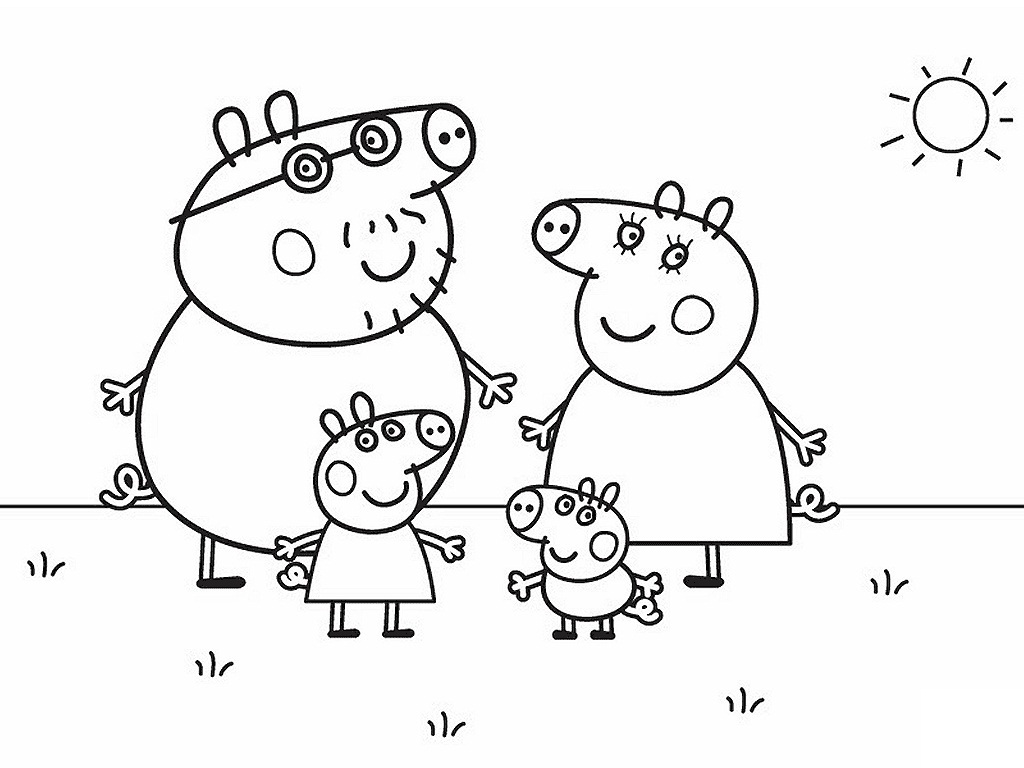 Desenho de Peppa Pig e Suá Família Passeando no Parque para Colorir e Pintar