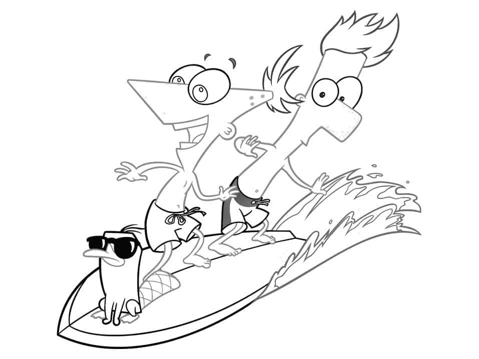 Desenho de Phineas e Ferb Surfando para Colorir e Pintar