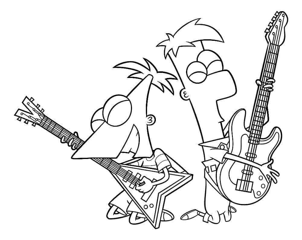 Desenho de Phineas e Ferb Tocam Guitarra Elétrica para Colorir e Pintar