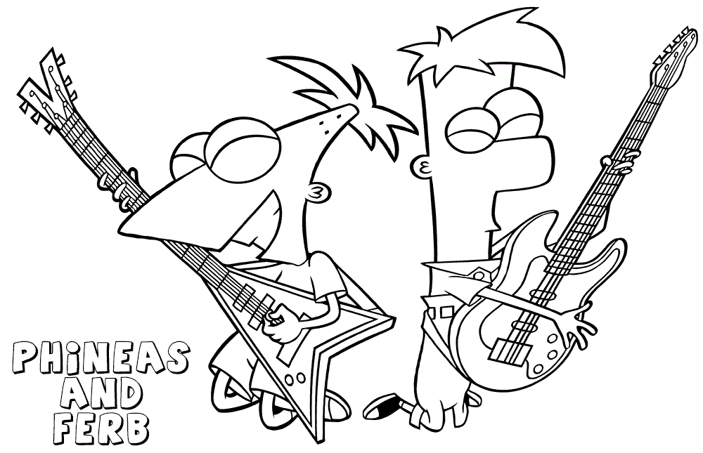 Desenho de Phineas e Ferb Tocando Guitarra A4 para Colorir e Pintar