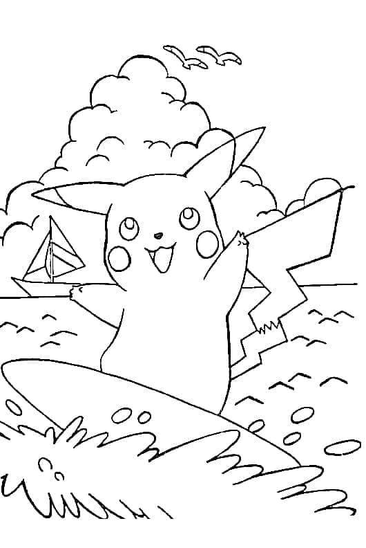 Desenho de Pikachu Surfando para Colorir e Pintar