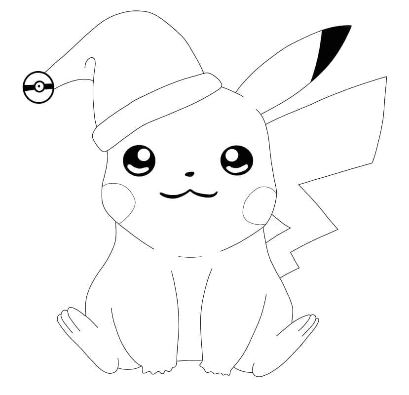 Desenho de Pikachu com Chapéu de Papai Noel para Colorir e Pintar
