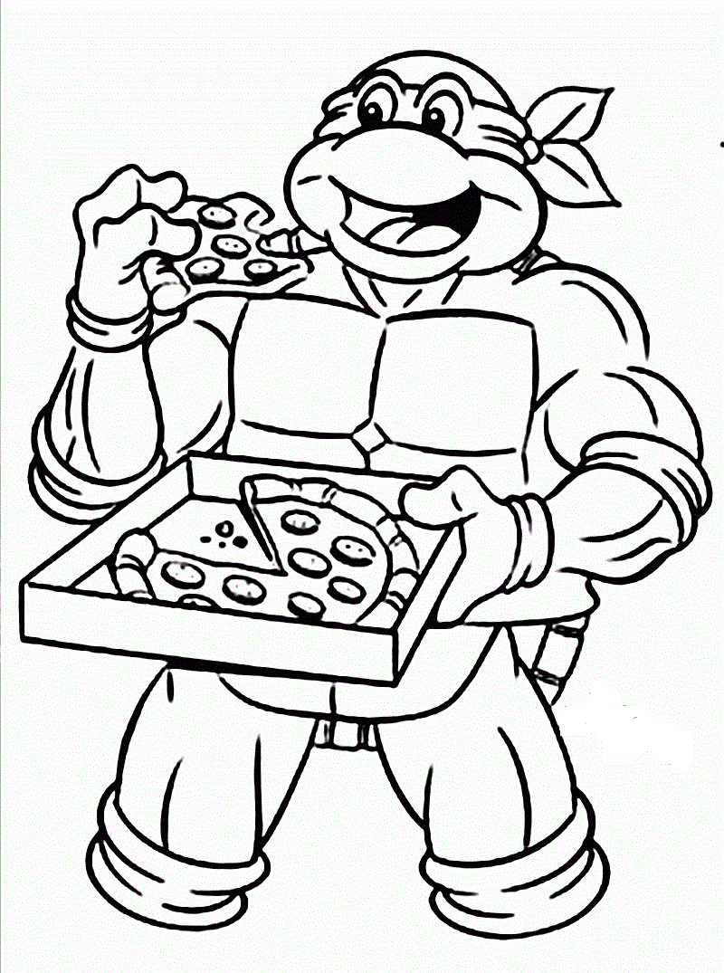Desenho de Tartaruga Ninja Comendo Pizza para Colorir Pdf e Pintar