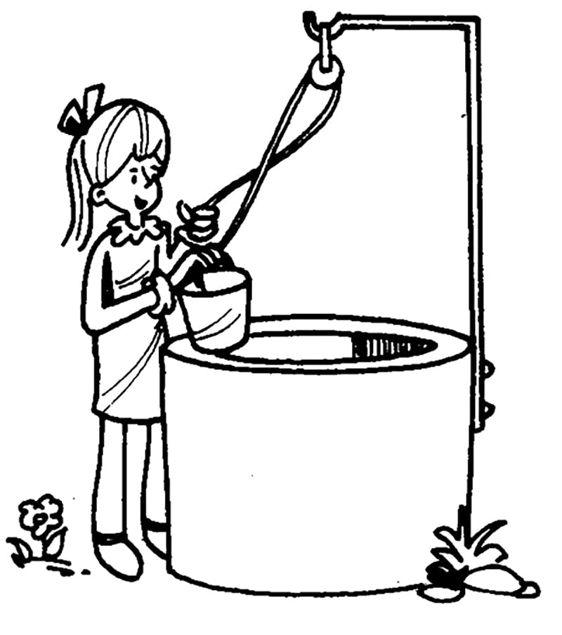 Desenho de Menina Pegando Água no Poço para Colorir e Pintar