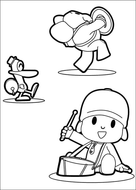 Desenho de Pocoyo com Pato e Elly para Colorir e Pintar