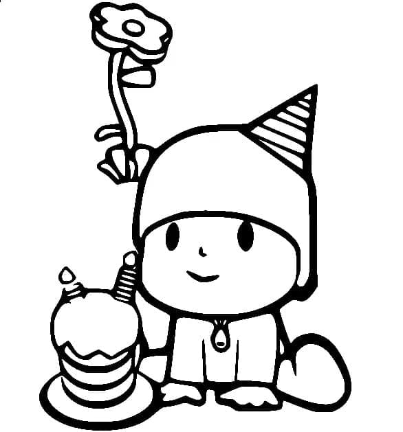 Desenho de Pocoyo e Bolo de Aniversário para Colorir e Pintar
