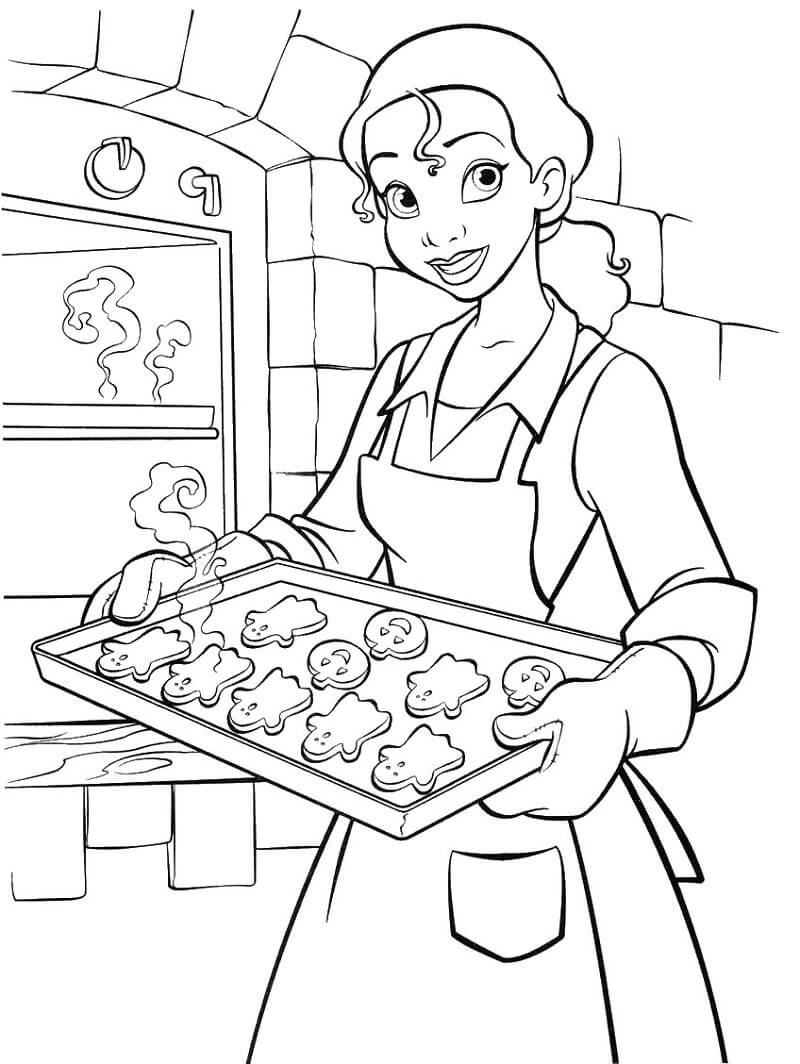 Desenho de Princesa Tiana Cozinhando Biscoitos Pdf para Imprimir e Colorir e Pintar