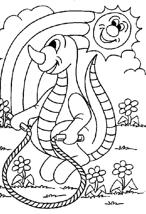 Desenho de Dinossauro Pulando Corda para Colorir