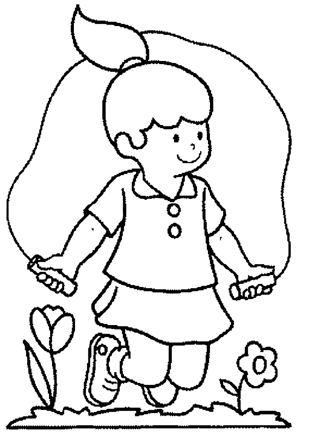 Desenho de Garota Pulando Corda no Jardim para Colorir