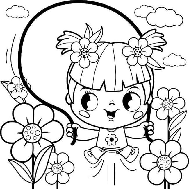 Desenho de Menina Pulando Corda para Colorir