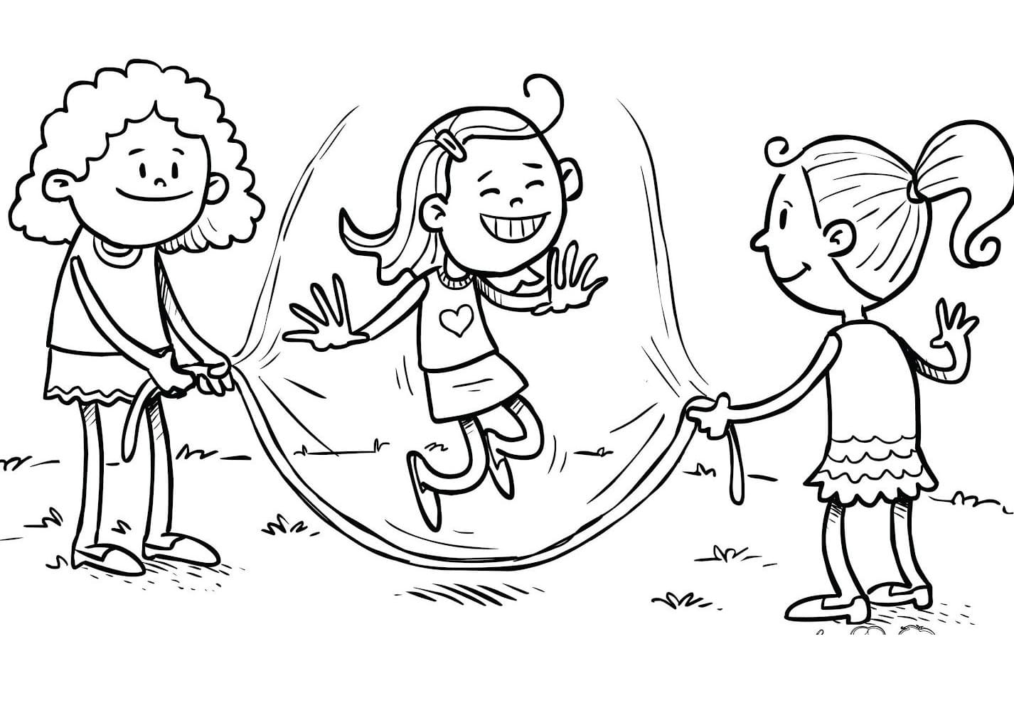 Desenho de Meninas Pulando Corda para Colorir