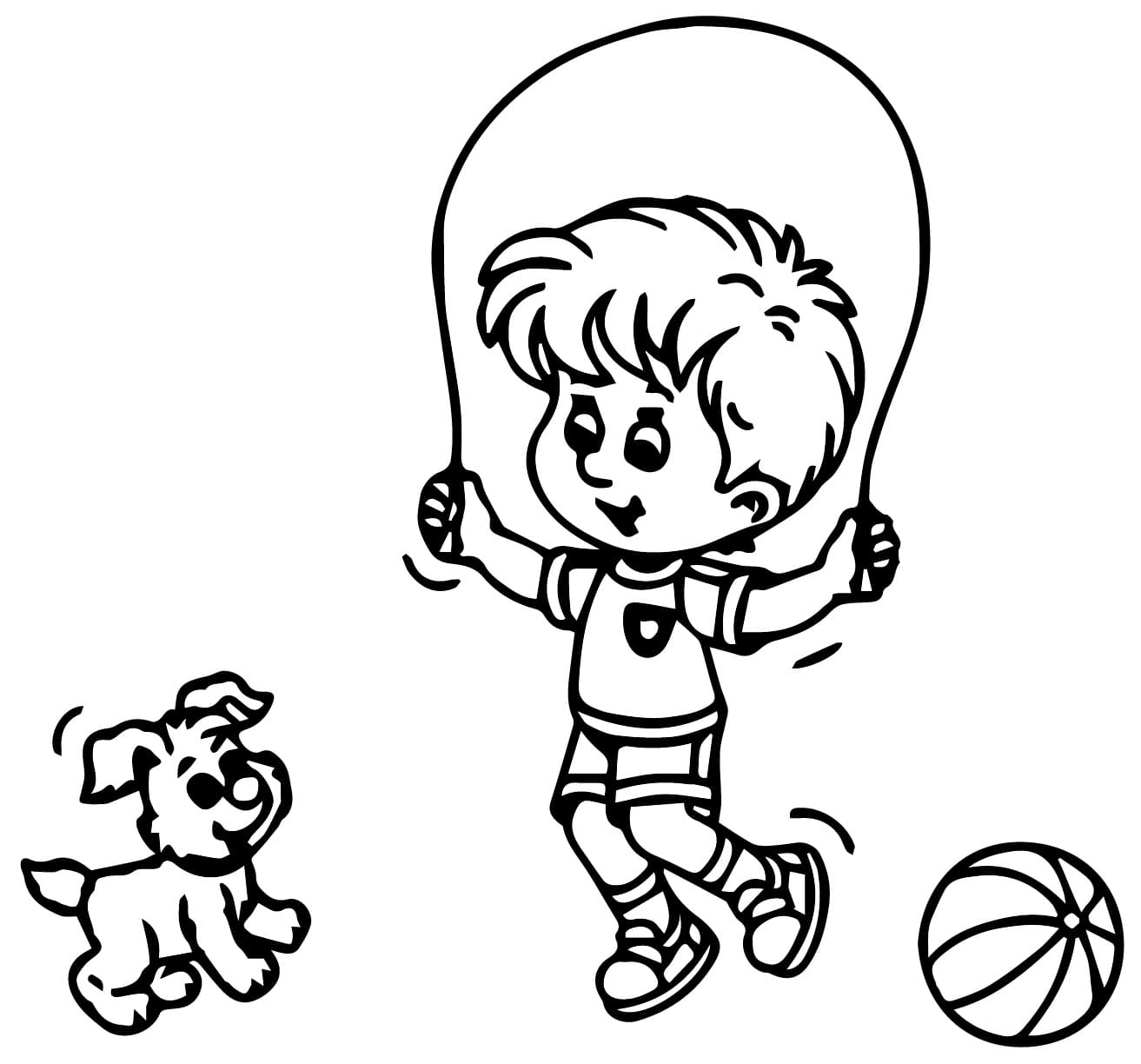 Desenho de Menino Pulando Corda para Colorir