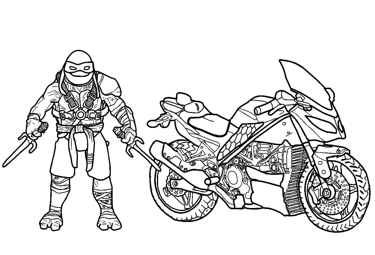 Desenho de Tartarugas Ninja Raphael e Moto para Colorir e Pintar