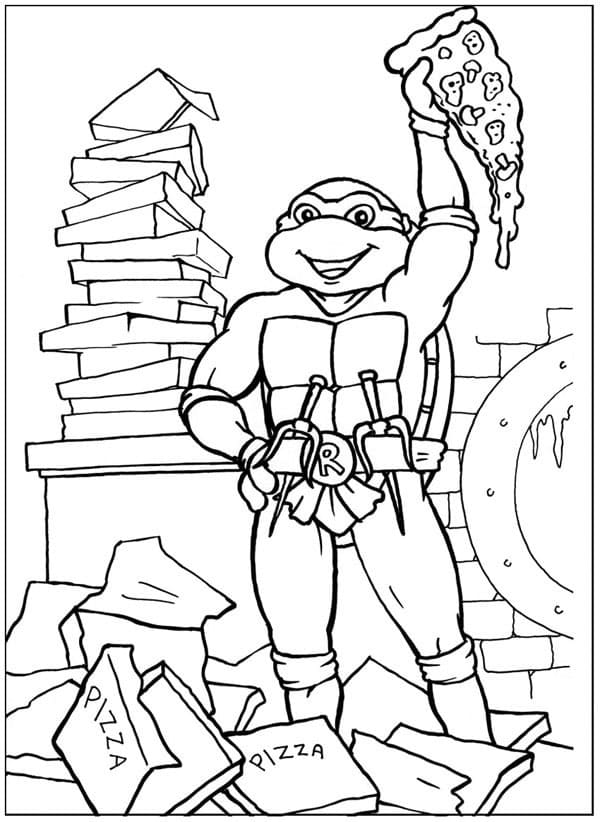 Desenho de Tartarugas Ninja Raphael e Pizza para Colorir e Pintar