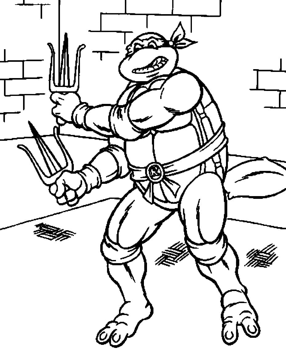 Desenho de Tartarugas Ninja Raphael Lutando para Colorir e Pintar
