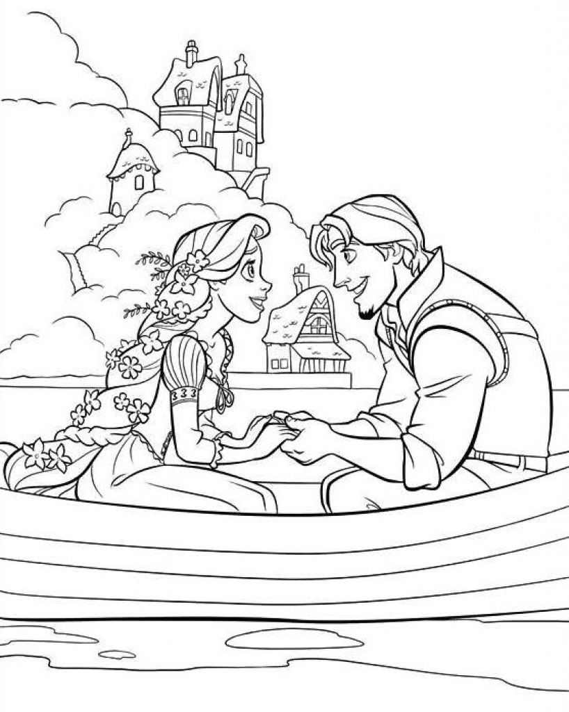 Desenho Pdf de Rapunzel e Flynn no Barco para Pintar