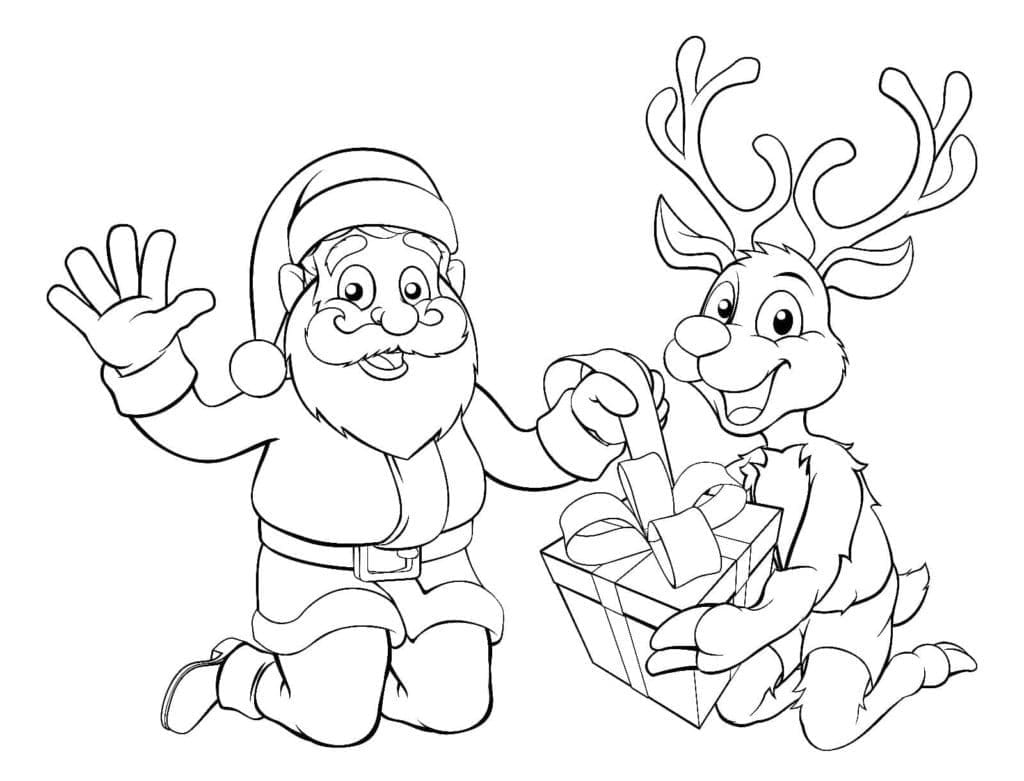 Desenho de Papai Noel e Rena de Natal para Colorir e Pintar