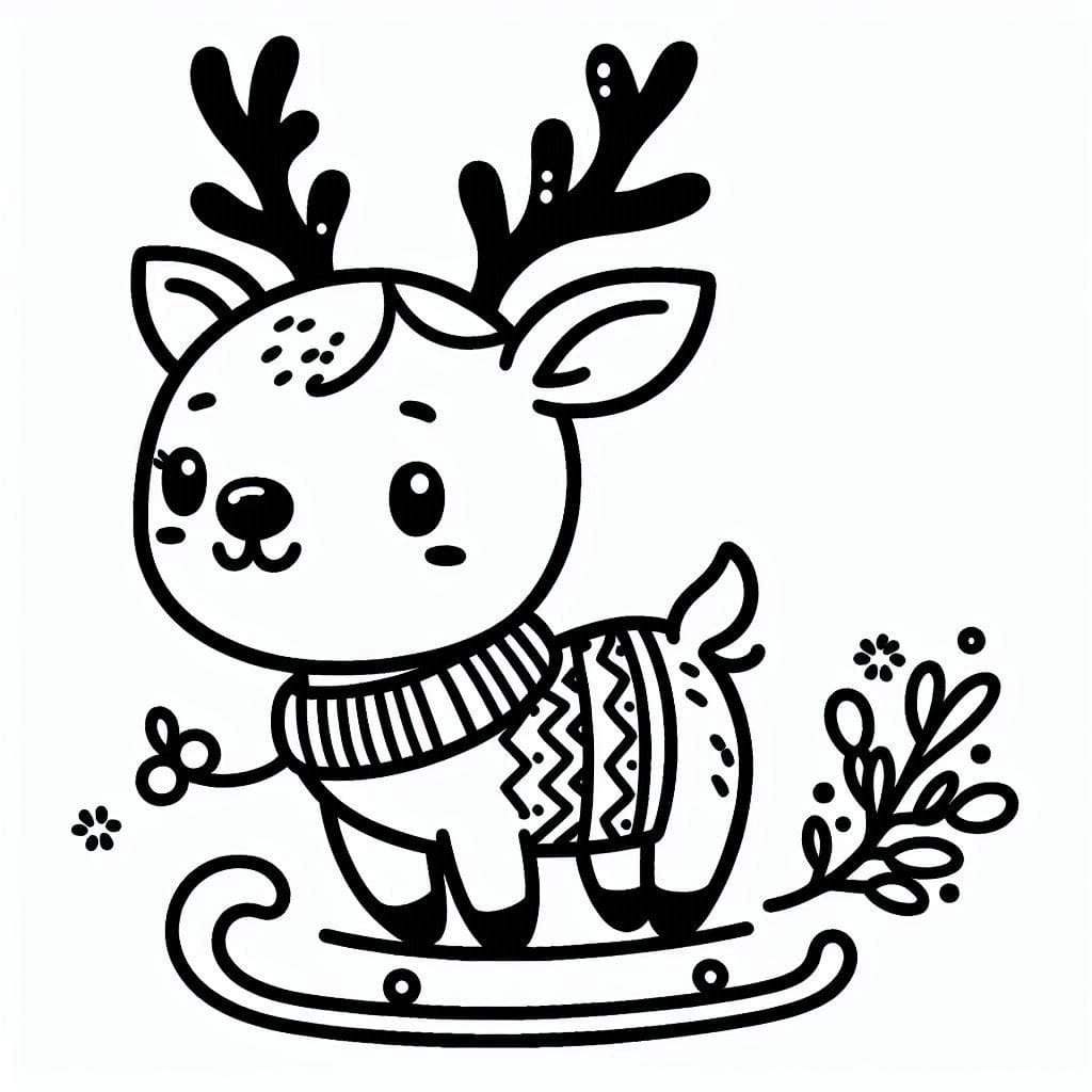 Desenho de Rena de Natal Kawaii para Colorir e Pintar