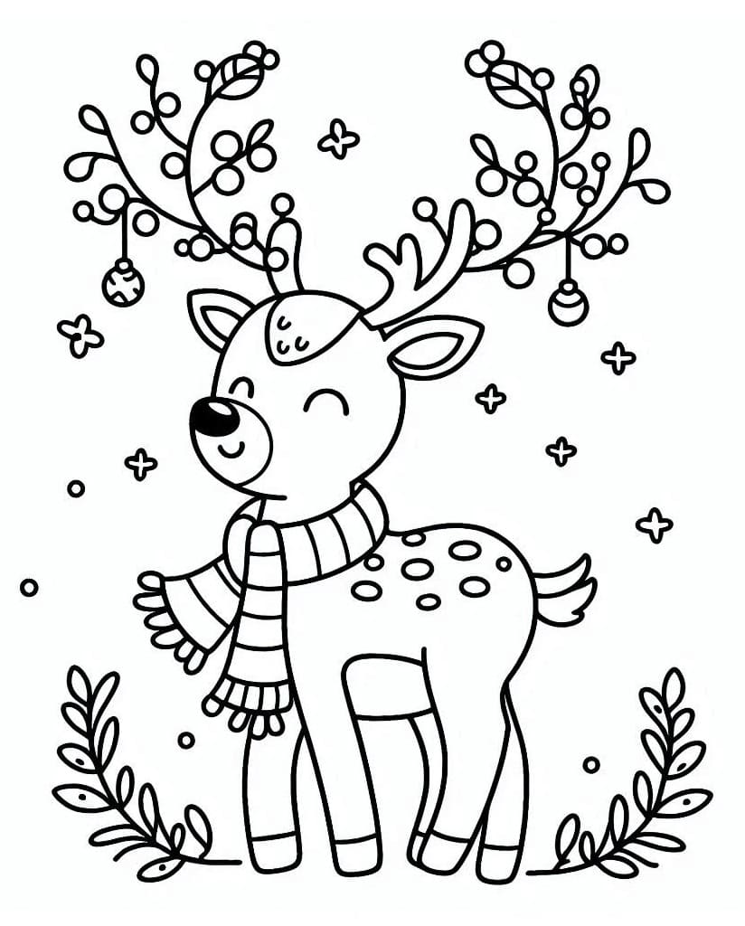 Desenho de Rena de Natal Sorridente para Colorir e Pintar